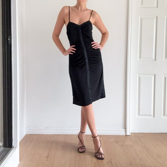 Y2K Black Ruched Silk Trim Midi Dress / SZ M/L