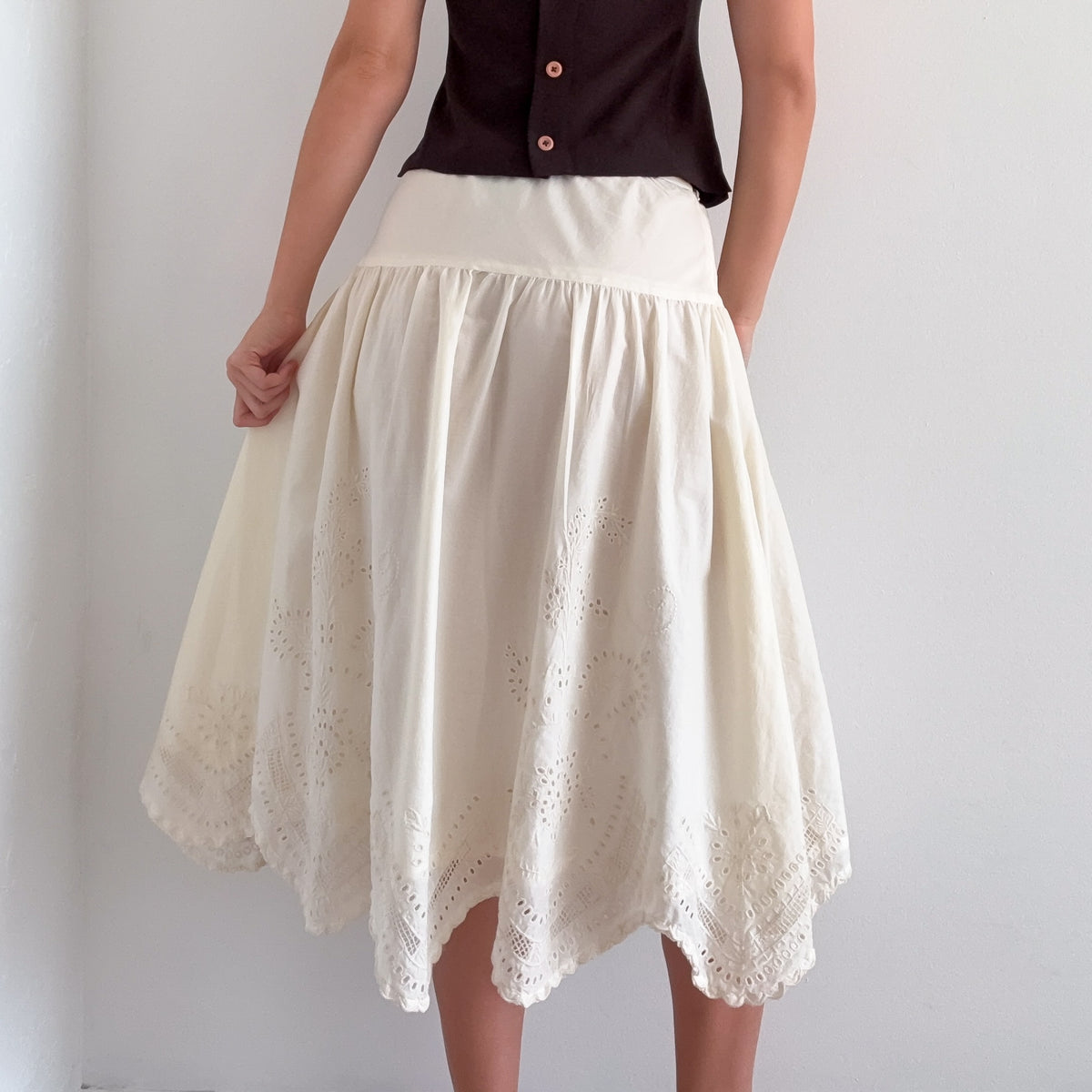 Y2K Pale Yellow Cotton Eyelet Midi Skirt / SZ 6