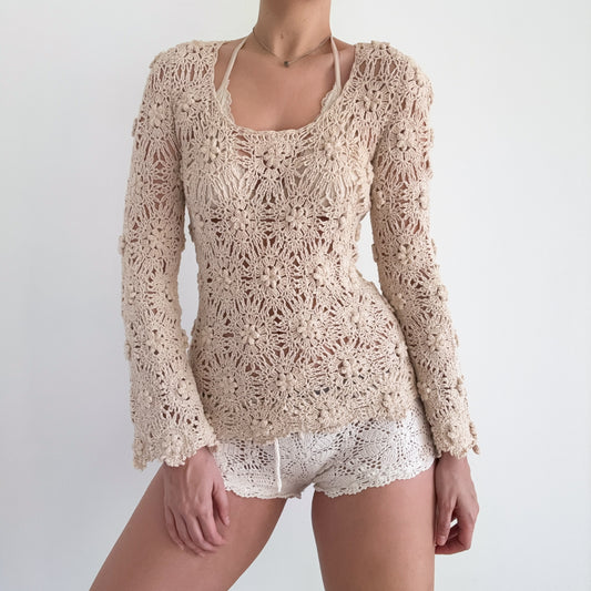 70's Cream Crochet Long Sleeve Top / SZ M