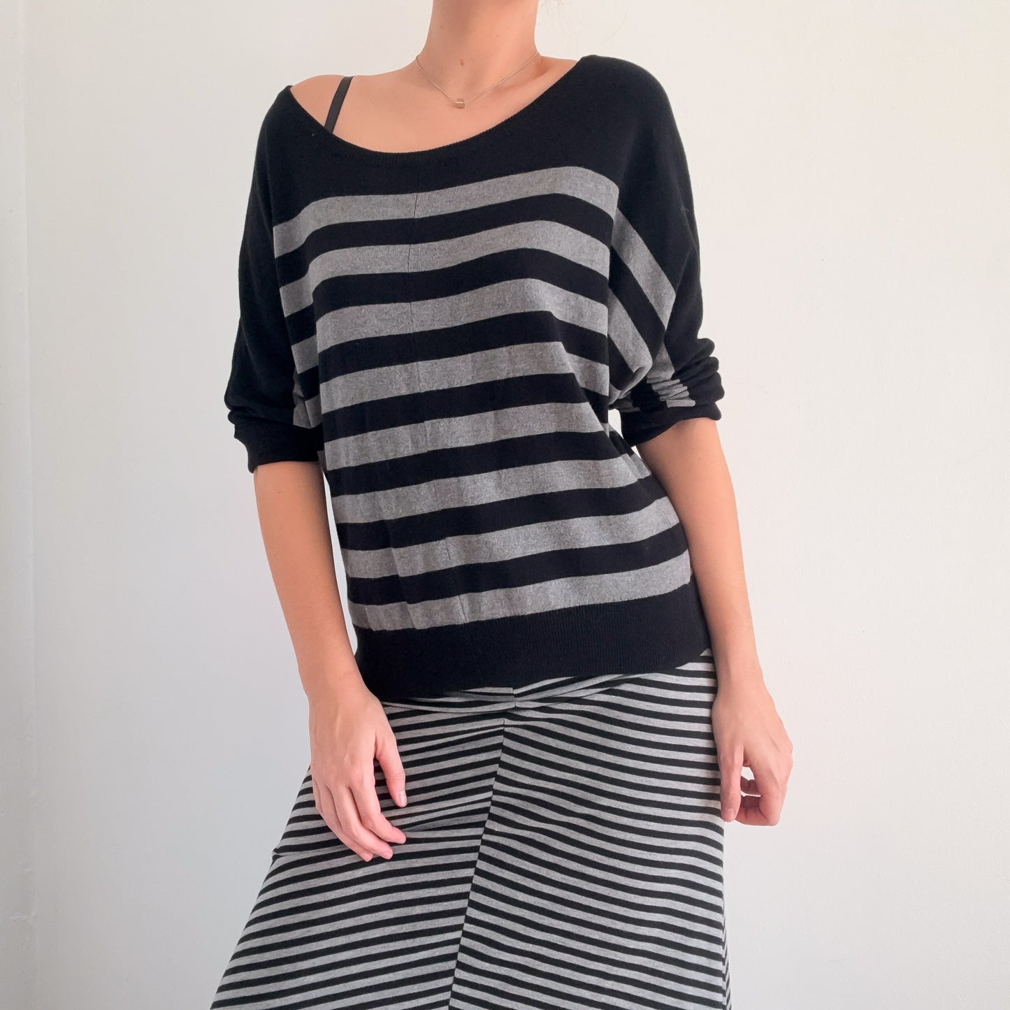 Y2K Black & Grey Striped Knit Dolman Sleeve Top / SZ S