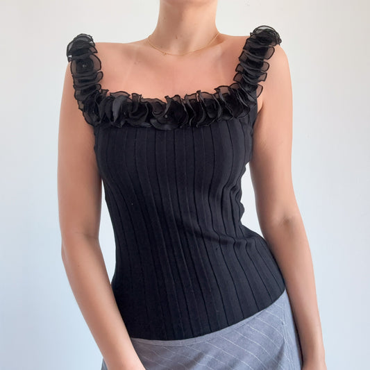 Y2K Black Knit Flower Neckline Top / SZ S