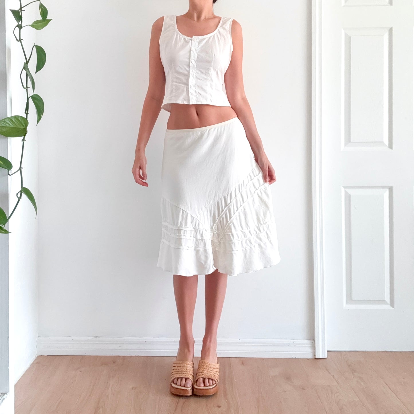 Y2K Ivory Linen Blend Midi Skirt / SZ M