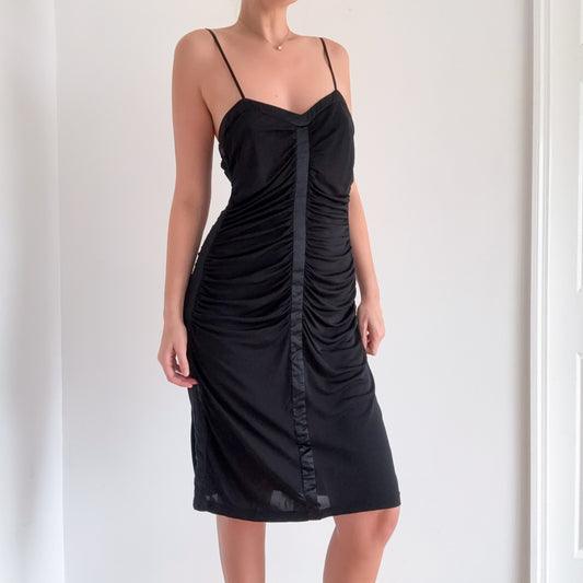 Y2K Black Ruched Silk Trim Midi Dress / SZ M/L