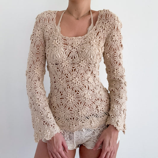 70's Cream Crochet Long Sleeve Top / SZ M