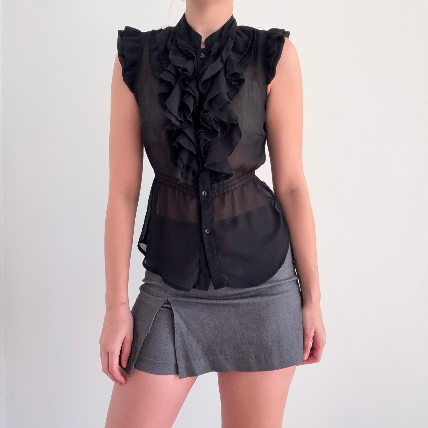 2010's Black Chiffon Ruffle Button Blouse / SZ S-M