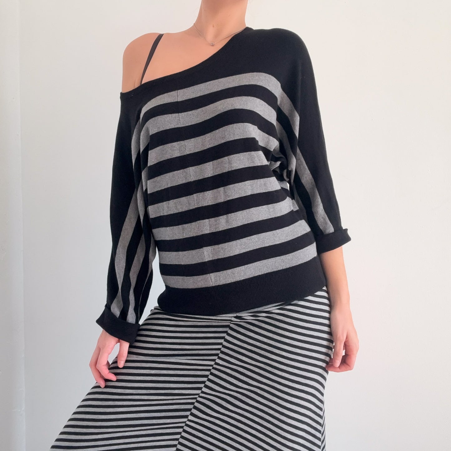 Y2K Black & Grey Striped Knit Dolman Sleeve Top / SZ S