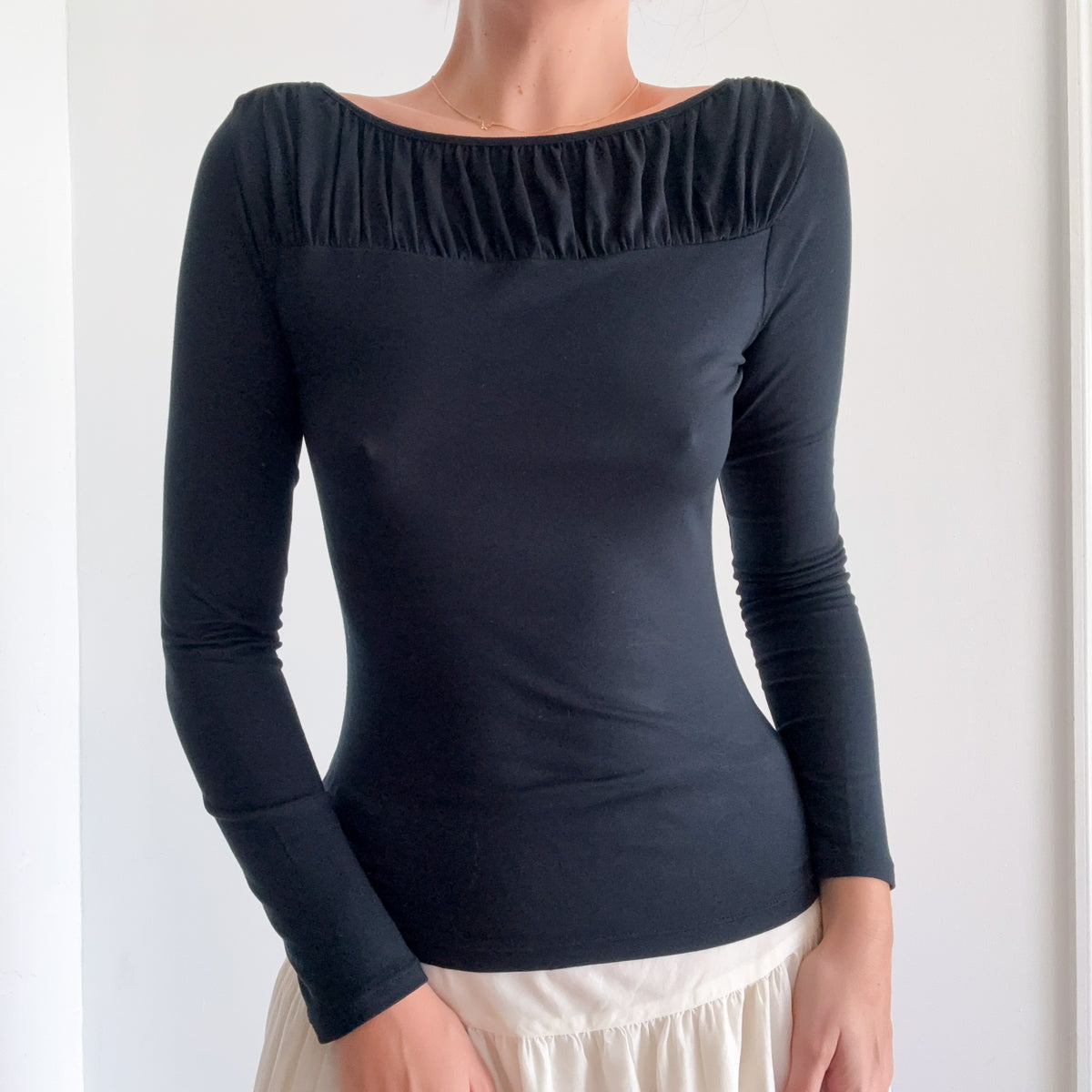 Y2K Black Modal Ruched Boat Neck Top / SZ XS/S