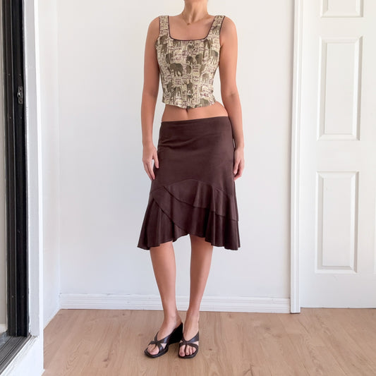 Y2K Brown Faux Suede Midi Skirt / SZ M