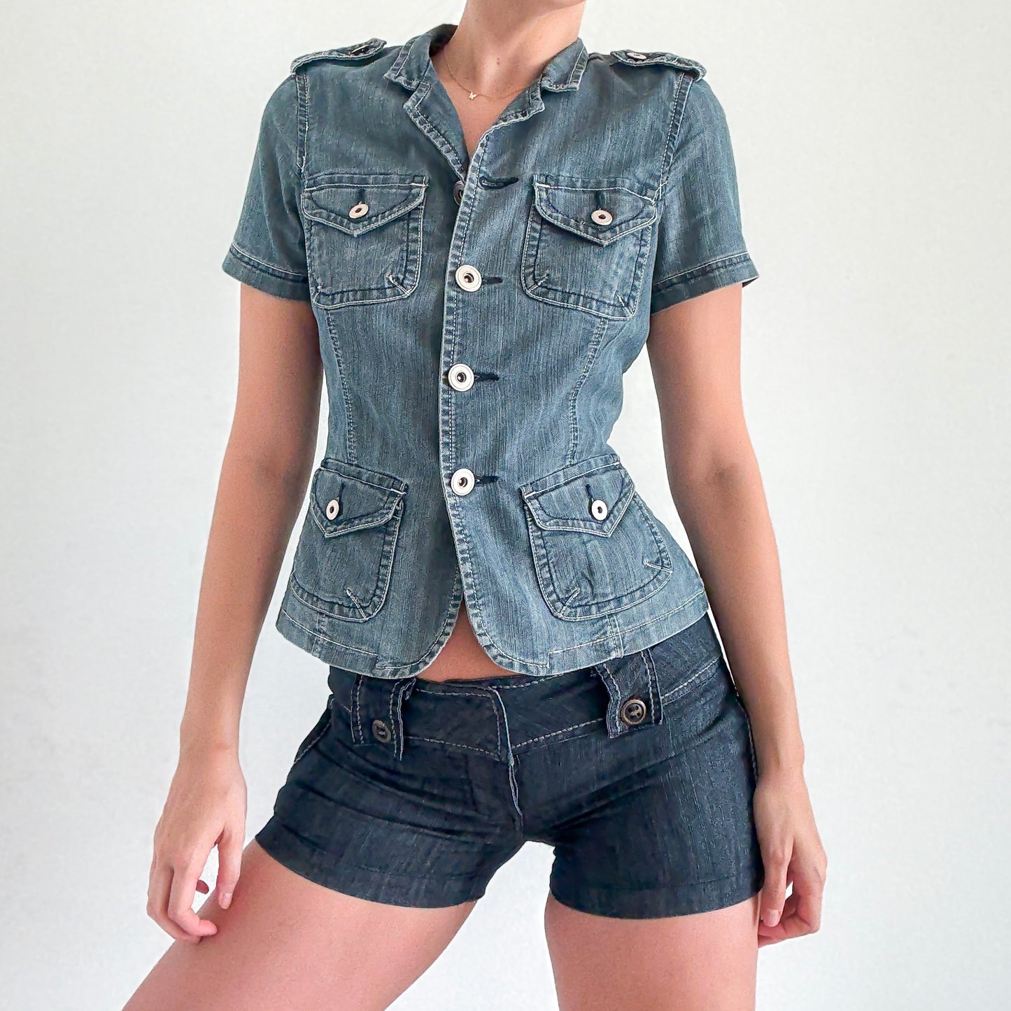 Y2K Denim Button Short Sleeve Jacket / SZ S