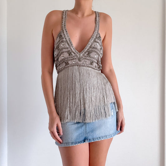 Grey Beaded Fringe Top / SZ M-L