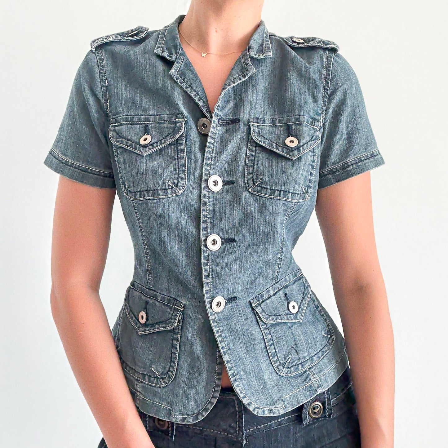 Y2K Denim Button Short Sleeve Jacket / SZ S