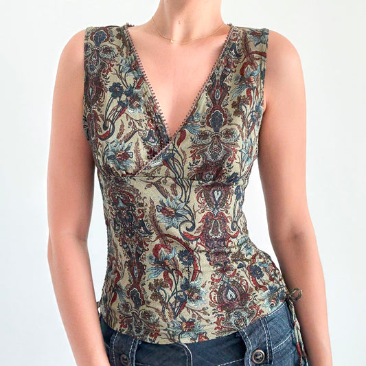 Y2K Olive Paisley Mesh Ruched Top / SZ M