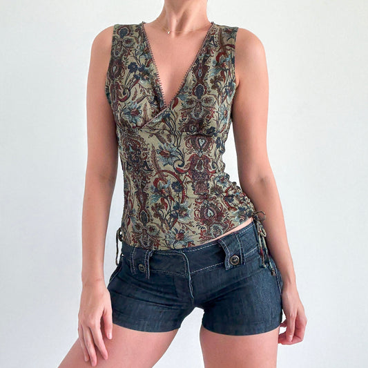 Y2K Olive Paisley Mesh Ruched Top / SZ M