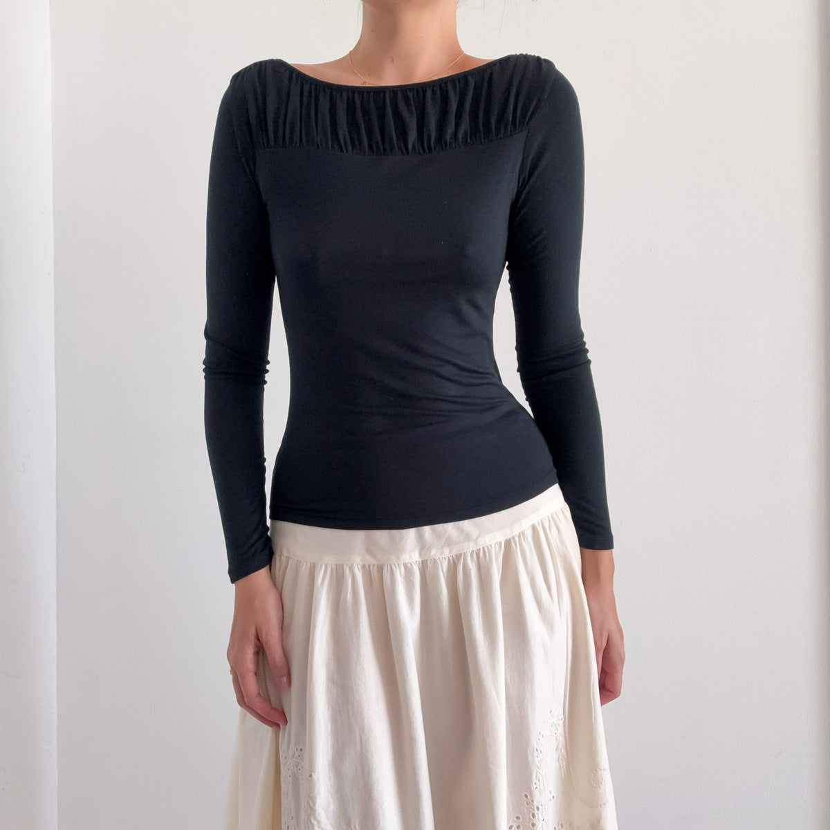 Y2K Black Modal Ruched Boat Neck Top / SZ XS/S