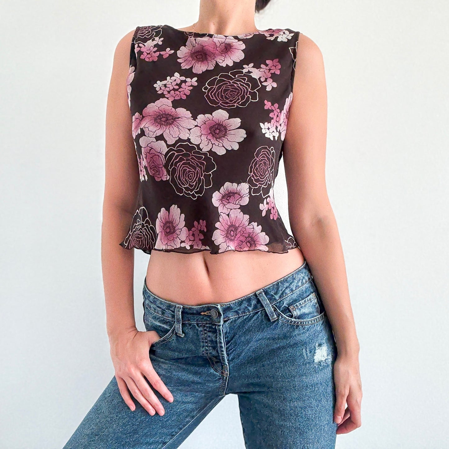 Y2K Brown & Purple Silk Floral Top / SZ M