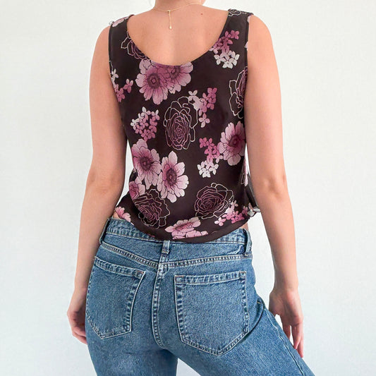 Y2K Brown & Purple Silk Floral Top / SZ M