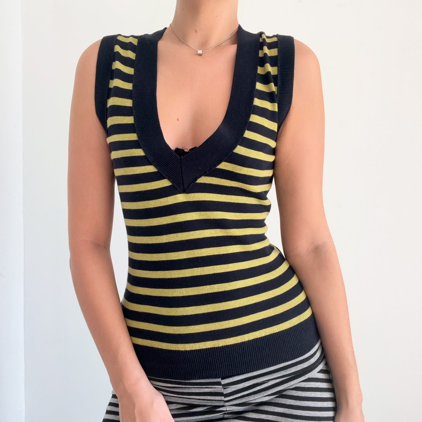 Y2K Green & Navy Striped Knit Vest / SZ S