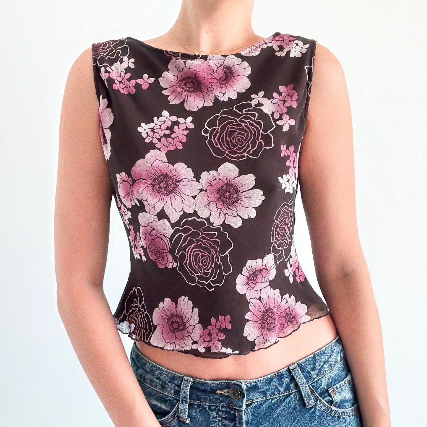 Y2K Brown & Purple Silk Floral Top / SZ M