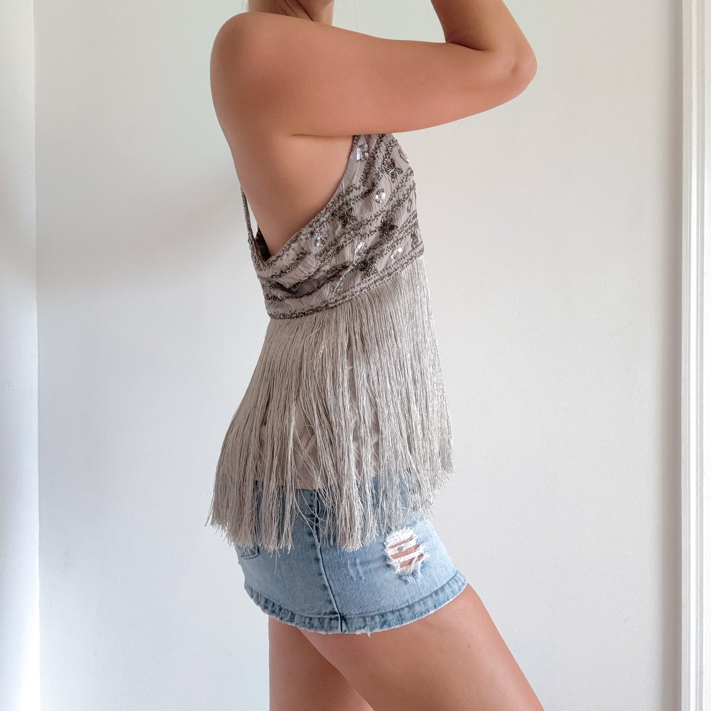 Grey Beaded Fringe Top / SZ M-L