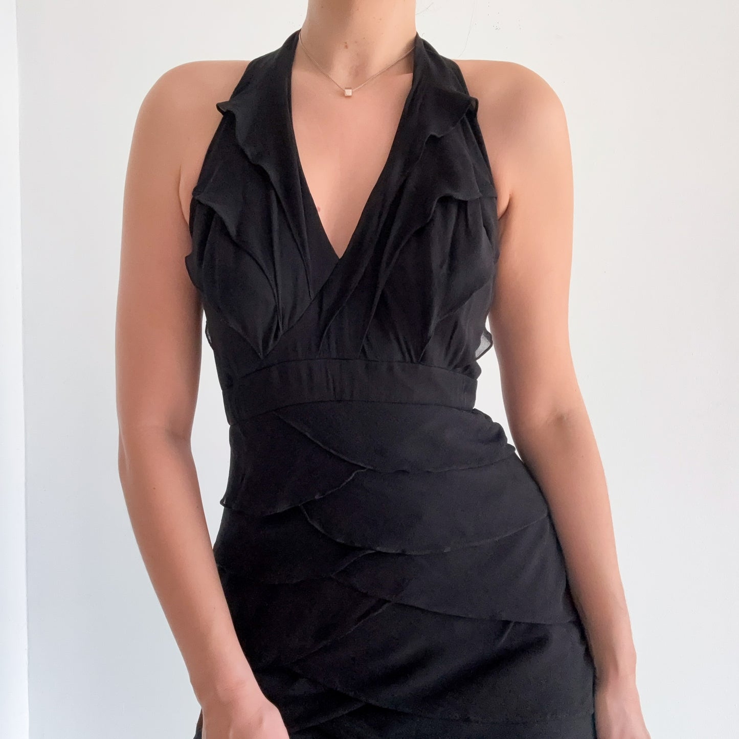 Y2K Black Silk Ruffle Halter Gown / SZ 6