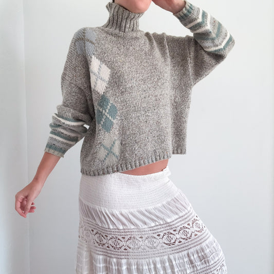80's Grey & Blue Knit Argyle Sweater / SZ M-L