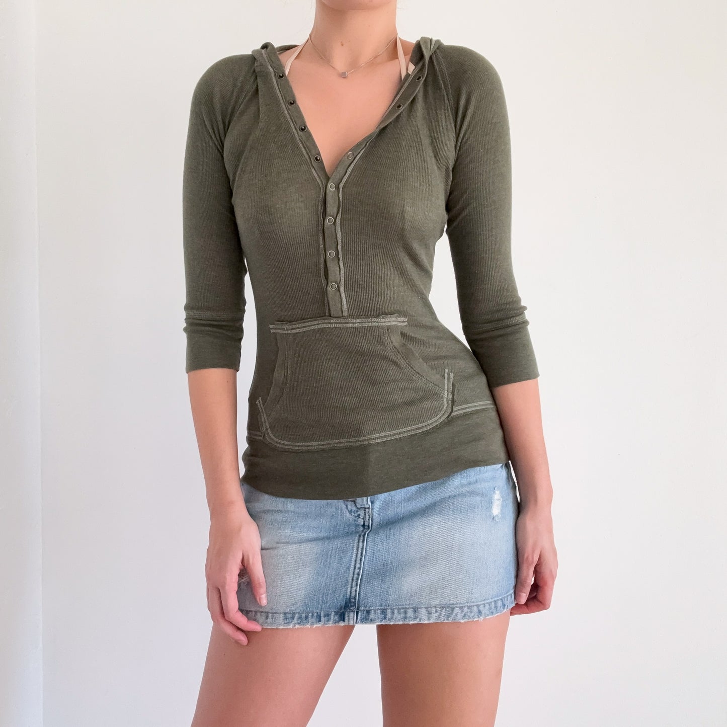 Y2K Army Green Hooded Henley Top / SZ S/M