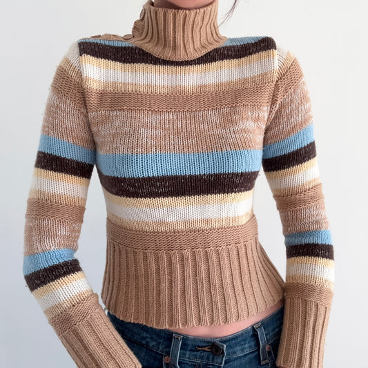 Y2K Tan & Blue Striped Knit Sweater / SZ S/M