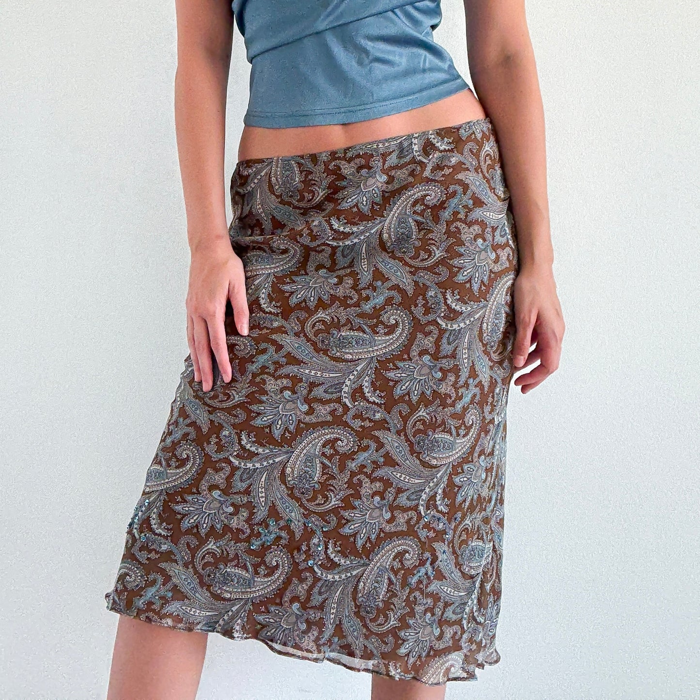 Y2K Brown & Stone Paisley Silk Midi Skirt / SZ S-M