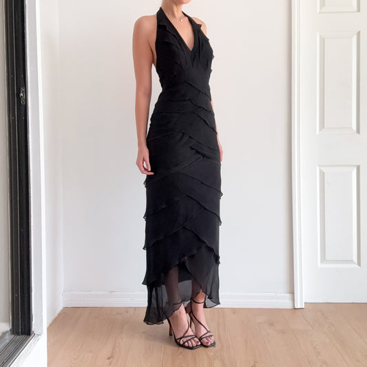 Y2K Black Silk Ruffle Halter Gown / SZ 6