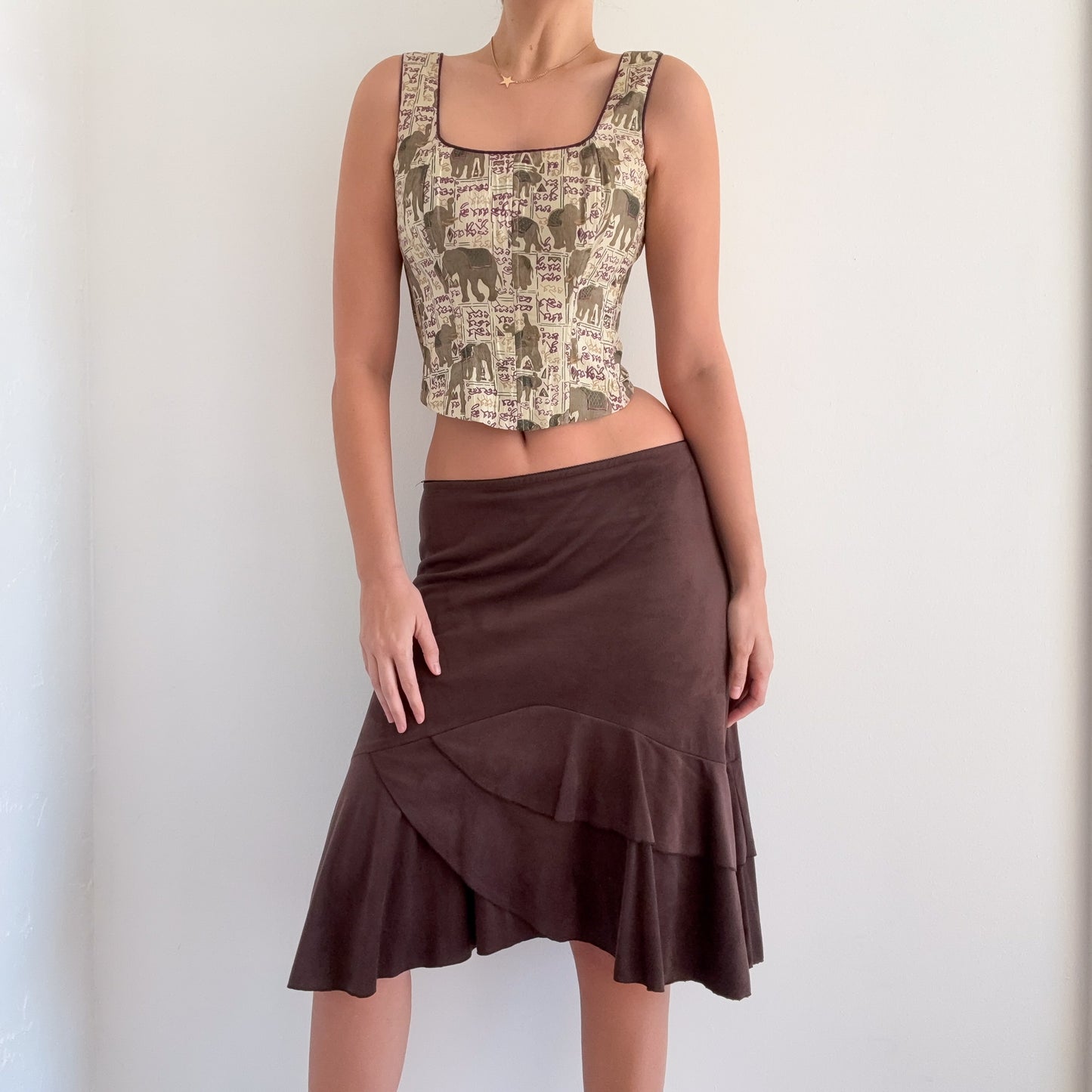 Y2K Cream Elephant Print Corset Top / SZ S