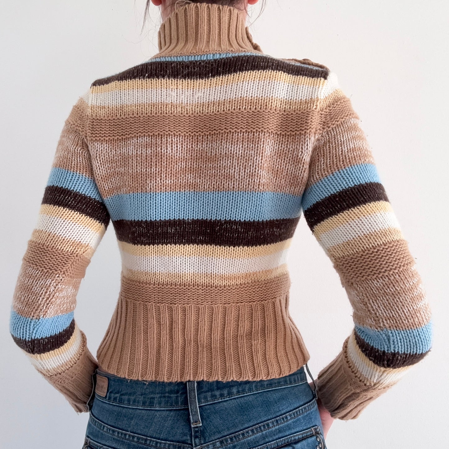 Y2K Tan & Blue Striped Knit Sweater / SZ S/M