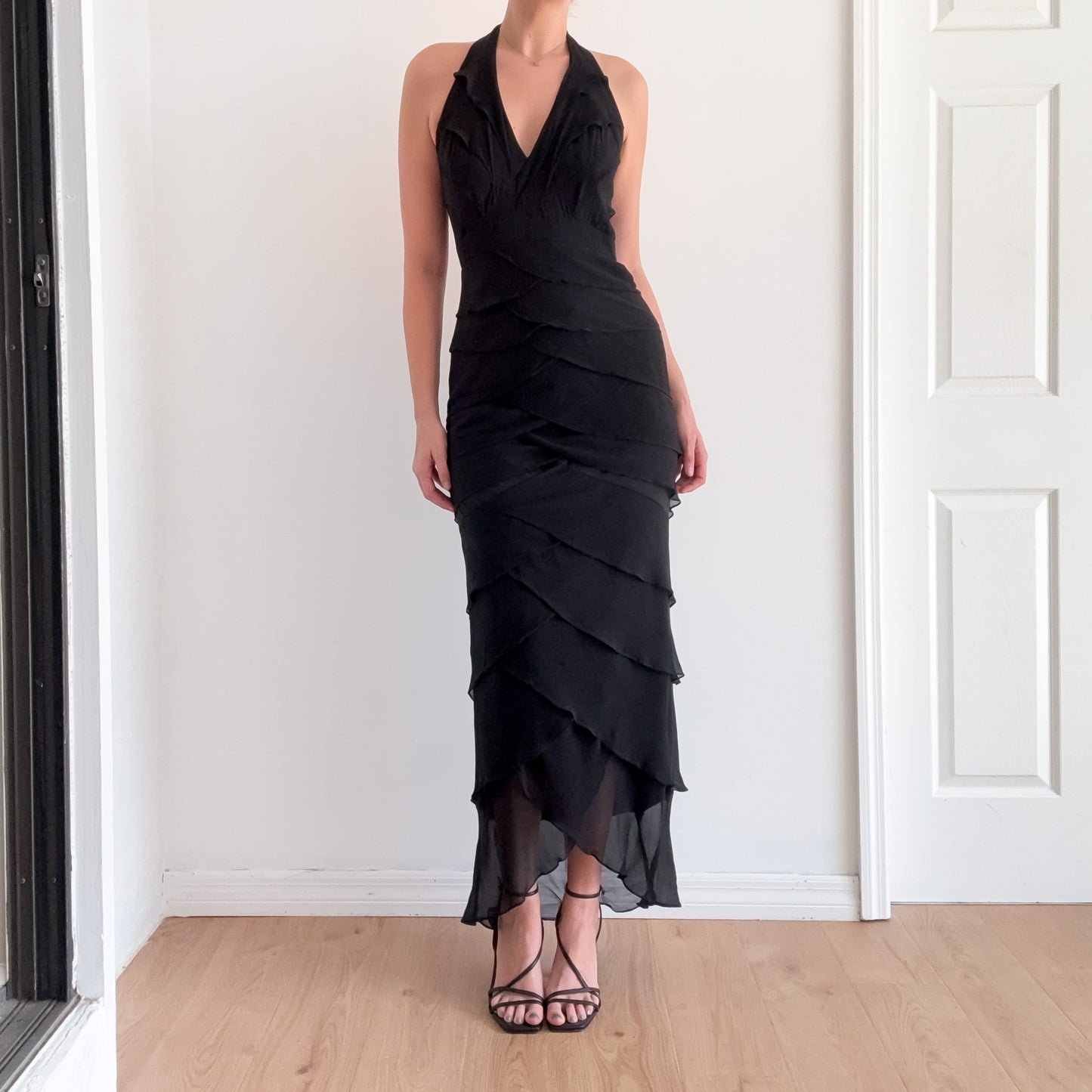 Y2K Black Silk Ruffle Halter Gown / SZ 6