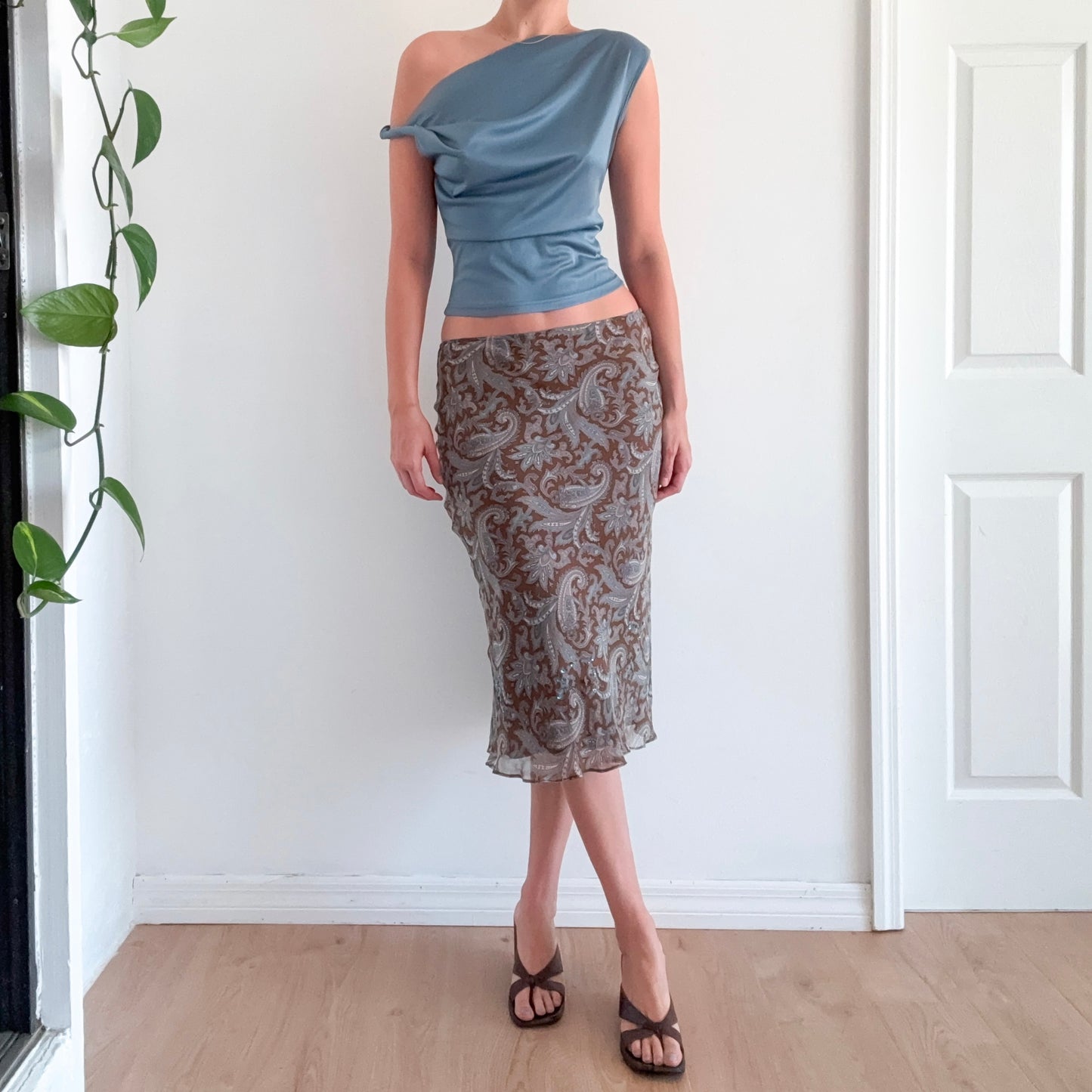 Y2K Brown & Stone Paisley Silk Midi Skirt / SZ S-M