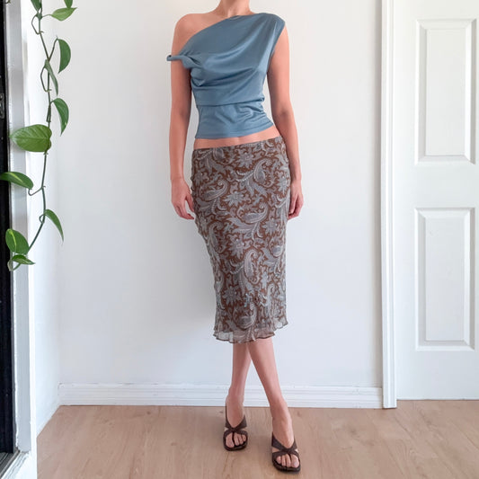 Y2K Brown & Stone Paisley Silk Midi Skirt / SZ S-M