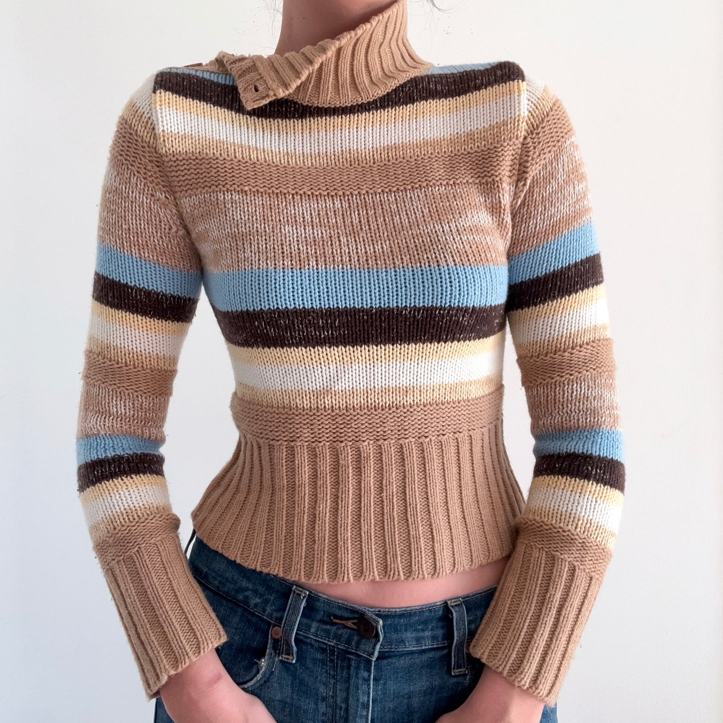 Y2K Tan & Blue Striped Knit Sweater / SZ S/M