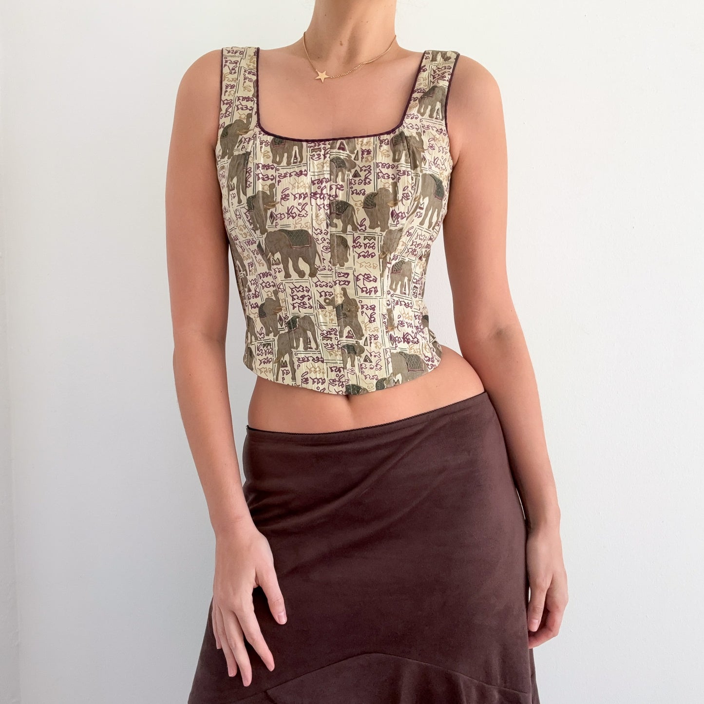 Y2K Cream Elephant Print Corset Top / SZ S