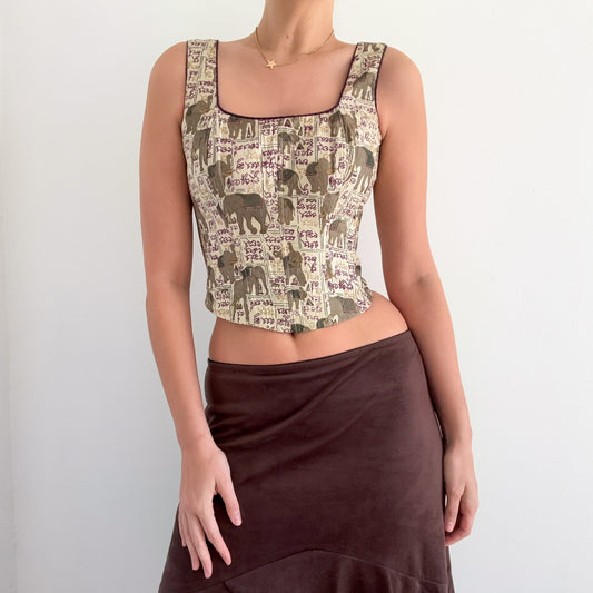 Y2K Cream Elephant Print Corset Top / SZ S
