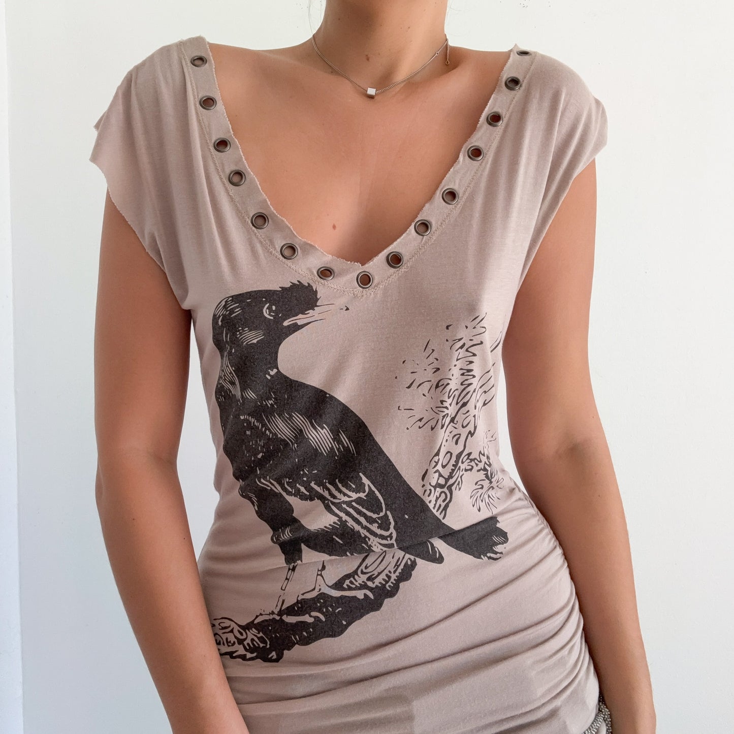 Y2K Taupe Bird Print Grommet Tunic Top / SZ M