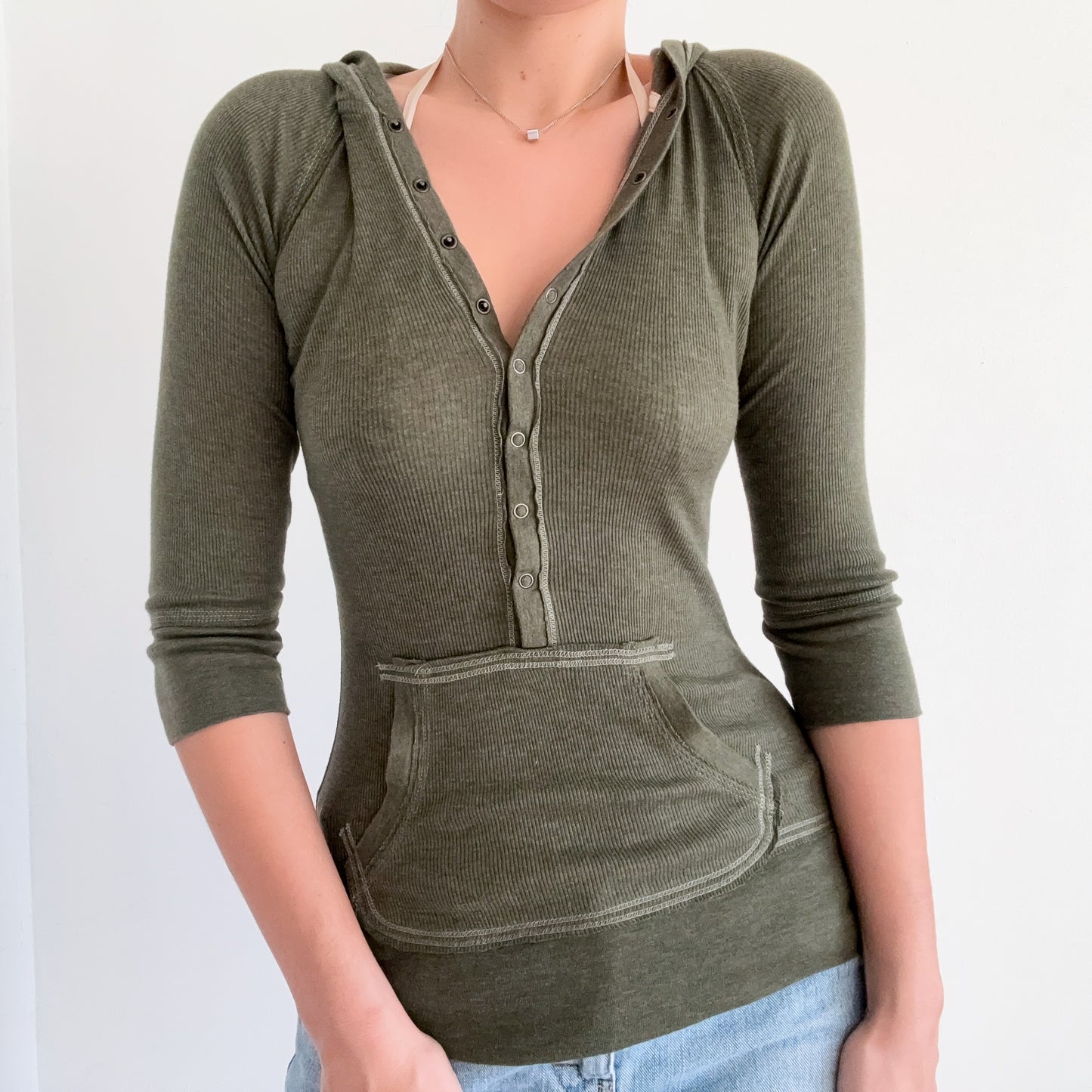 Y2K Army Green Hooded Henley Top / SZ S/M
