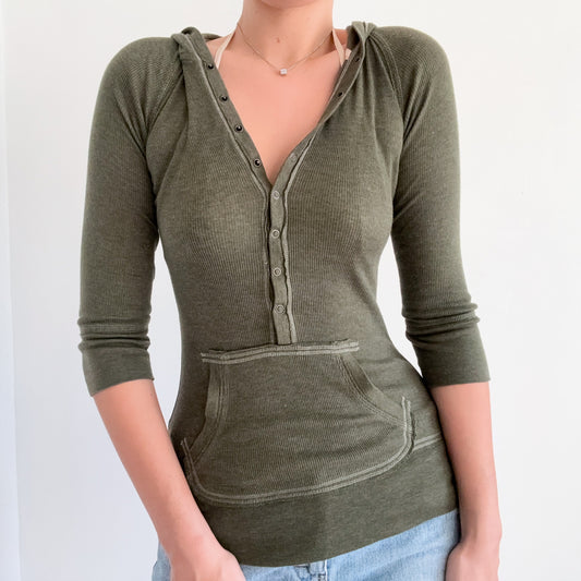 Y2K Army Green Hooded Henley Top / SZ S/M