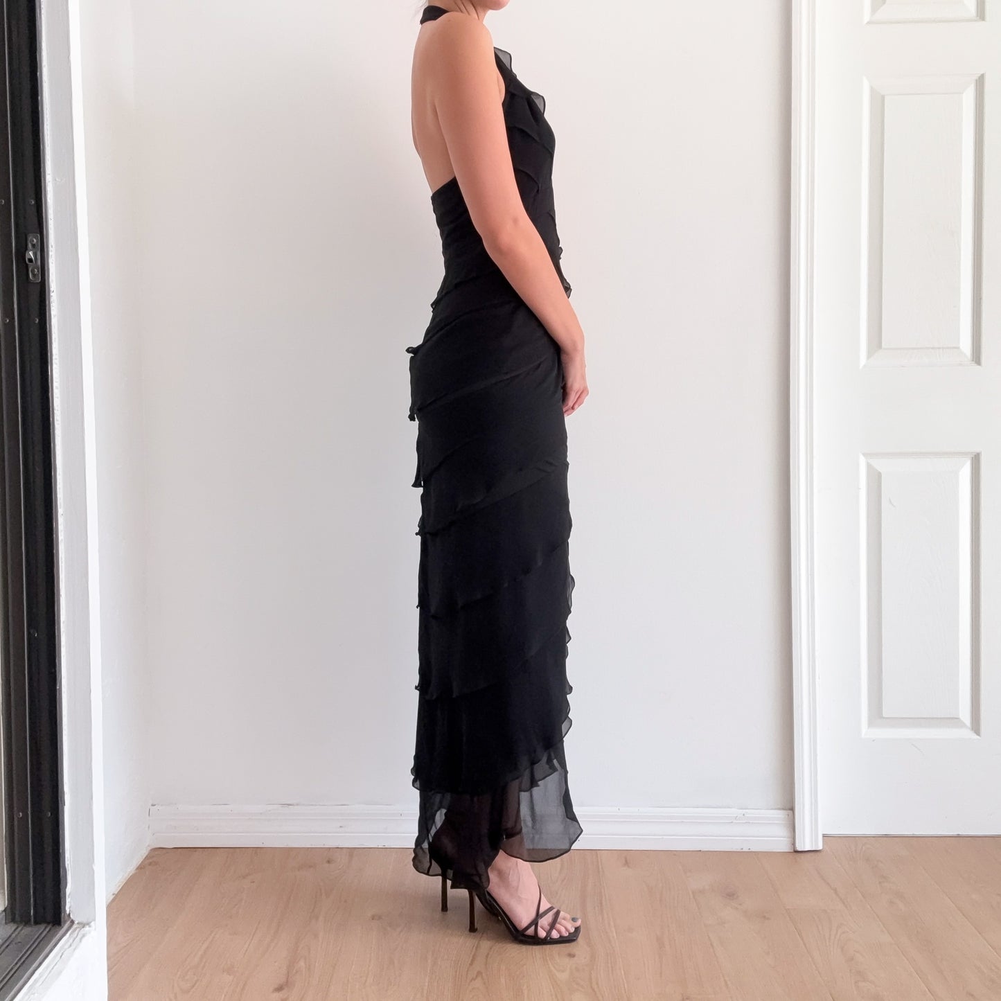 Y2K Black Silk Ruffle Halter Gown / SZ 6