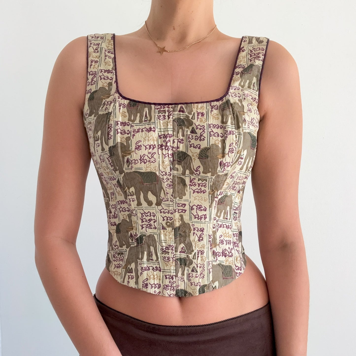 Y2K Cream Elephant Print Corset Top / SZ S
