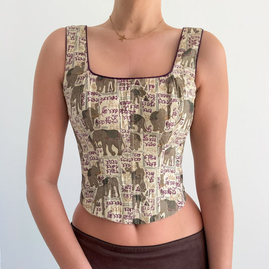 Y2K Cream Elephant Print Corset Top / SZ S