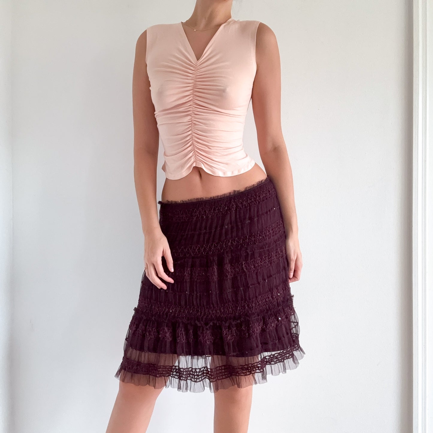 Y2K Maroon Smocked Mesh Midi Skirt / SZ S-M