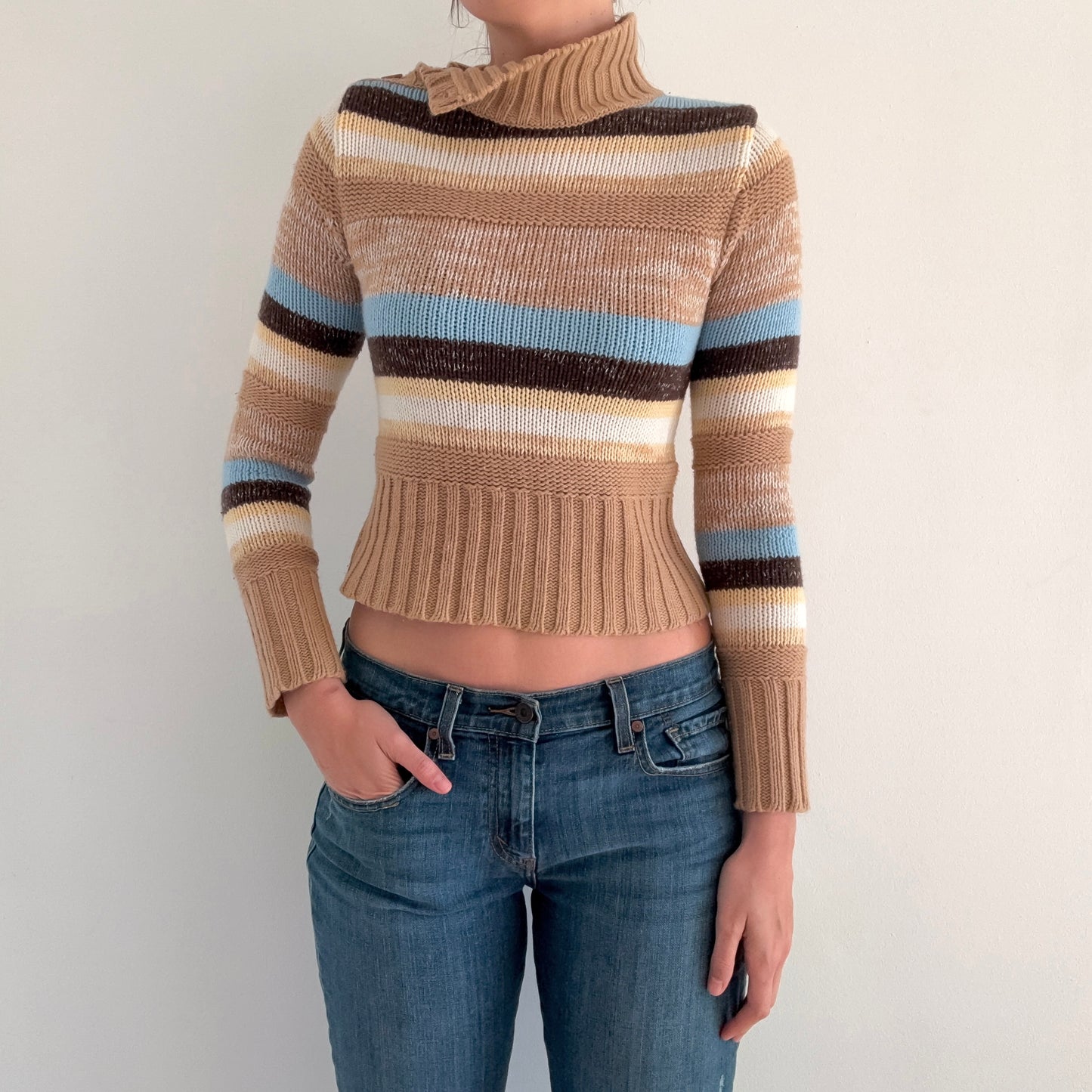 Y2K Tan & Blue Striped Knit Sweater / SZ S/M