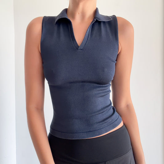90's Ellen Tracy Blue Silk Knit Polo Top / SZ XS/S
