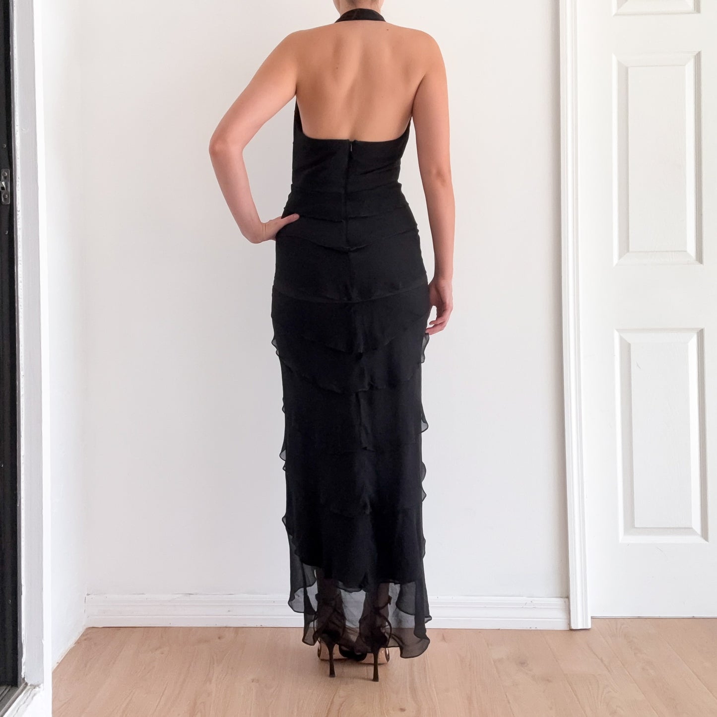 Y2K Black Silk Ruffle Halter Gown / SZ 6
