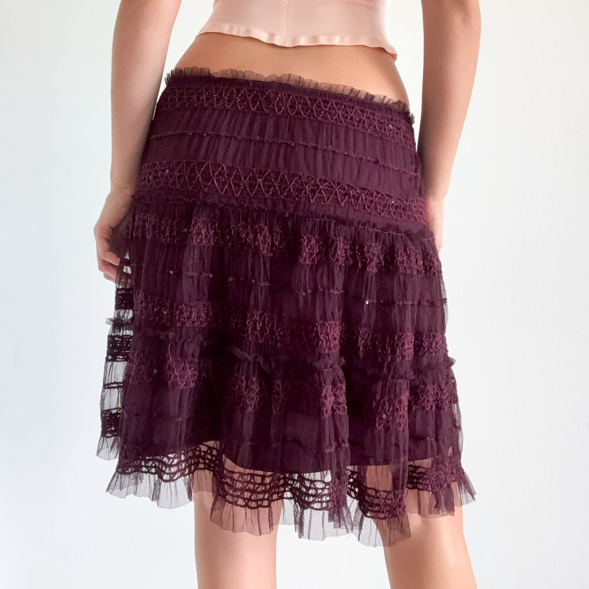 Y2K Maroon Smocked Mesh Midi Skirt / SZ S-M