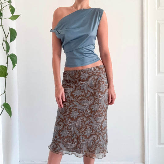 Y2K Brown & Stone Paisley Silk Midi Skirt / SZ S-M