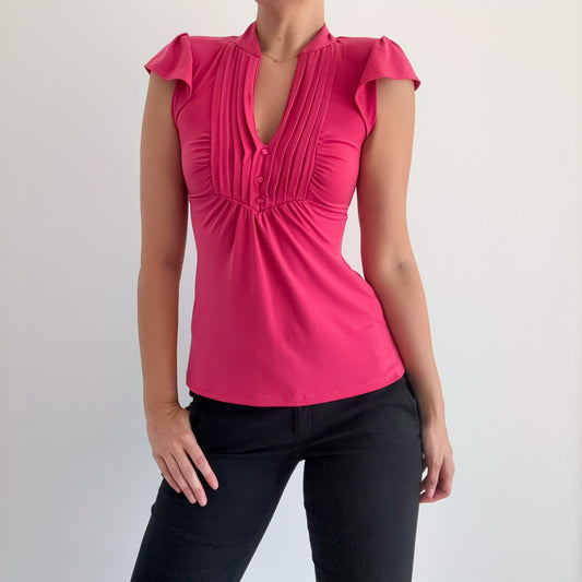 Y2K Hot Pink Flutter Tie Back Blouse / SZ S